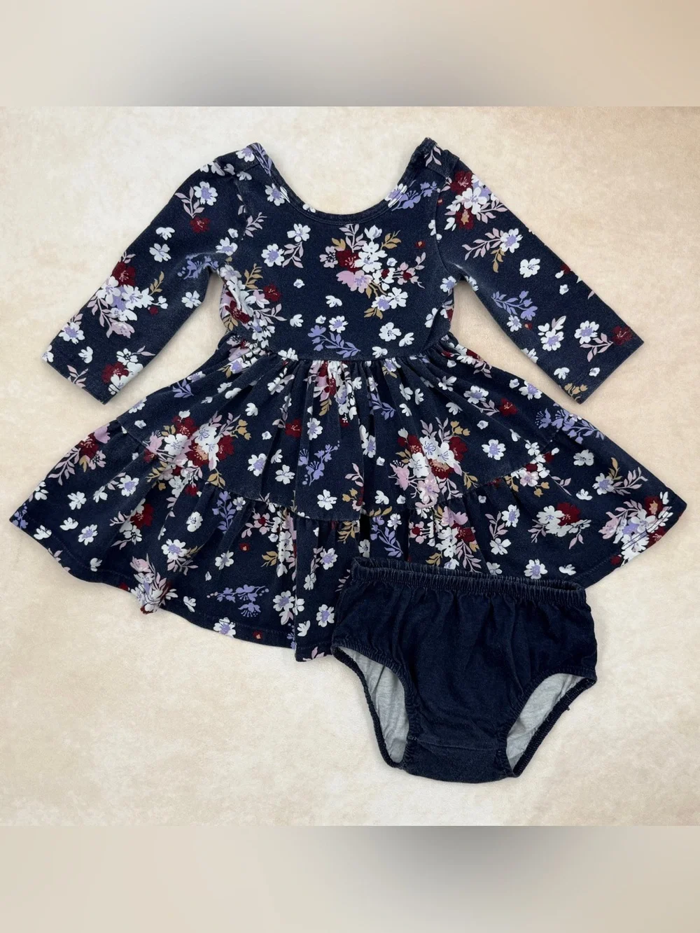 Janie and Jack Navy Floral Tiered Dress with Bloomer Set